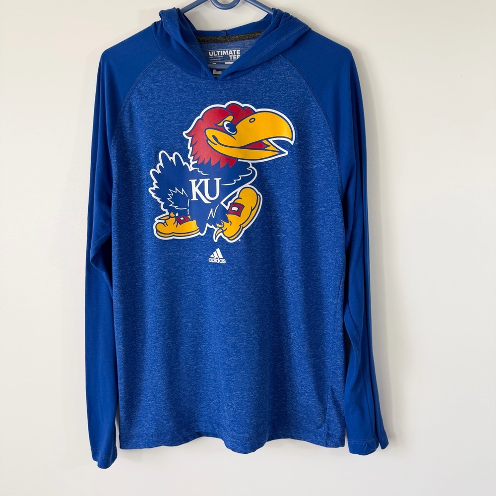 University of Kansas KU Jayhawks Adidas Climalite Ultimate Tee Hoodie Blue Large